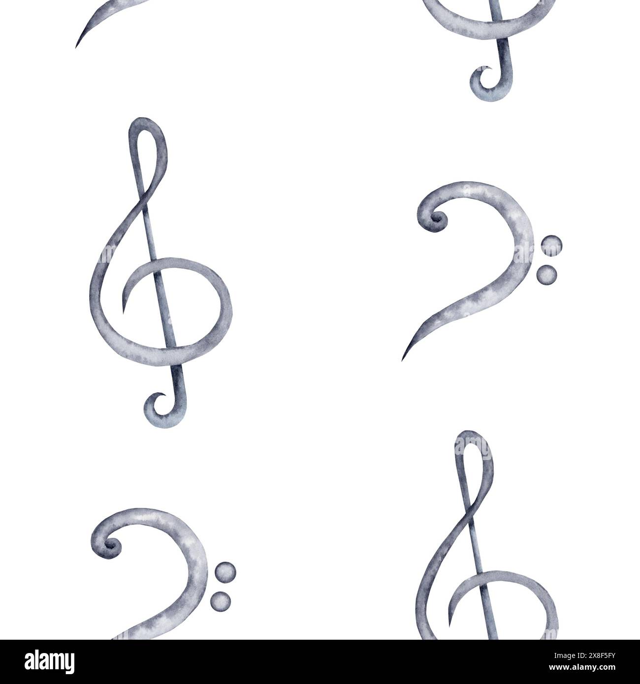 Nahtlose Höhen und Bassschlüsselsymbol. Klassische Notennotizen und Notentapete. Handgezeichnete Aquarellillustration isolierter Hintergrund Stockfoto