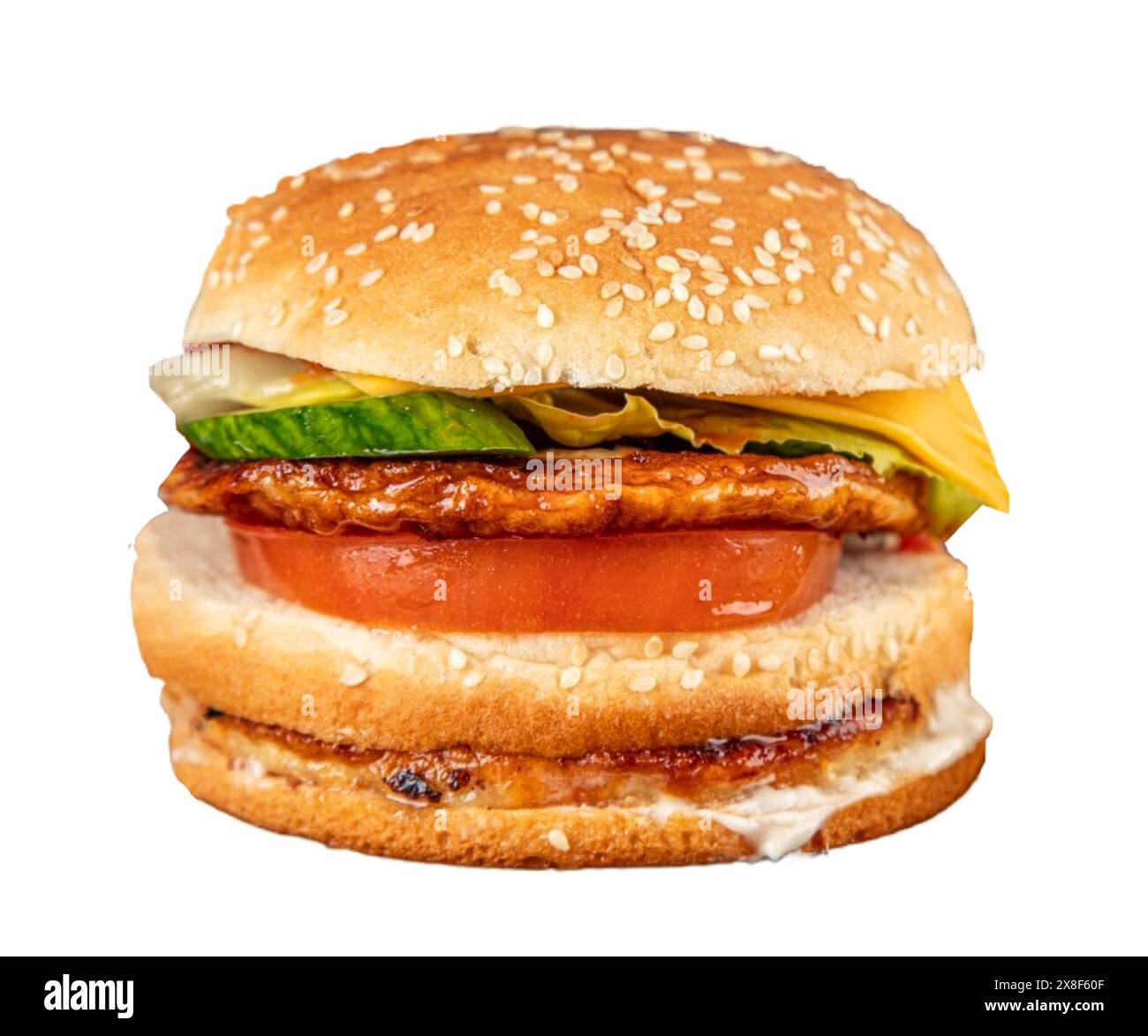 Hähnchenburger, köstlicher Doppelburger mit knusprigem Hühnerfleisch, Salat und Sauce isoliert auf weißem Hintergrund. Weißer Burger mit einem großen Hühnchen Stockfoto