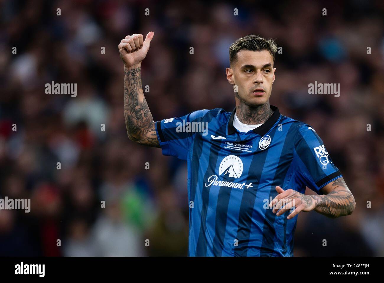 Dublin, Irland. 22. Mai 2024. Gianluca Scamacca von Atalanta BC gibt Gesten während des Endspiels der UEFA Europa League zwischen Atalanta BC und Bayer 04 Leverkusen. Quelle: Nicolò Campo/Alamy Live News Stockfoto