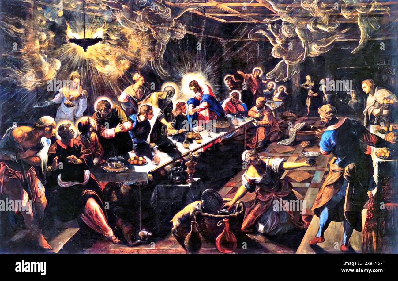 Das letzte Abendmahl, 1594 (Gemälde) des Künstlers Tintoretto, Jacopo Robusti (1518–94) Italienisch. Stock Vektor
