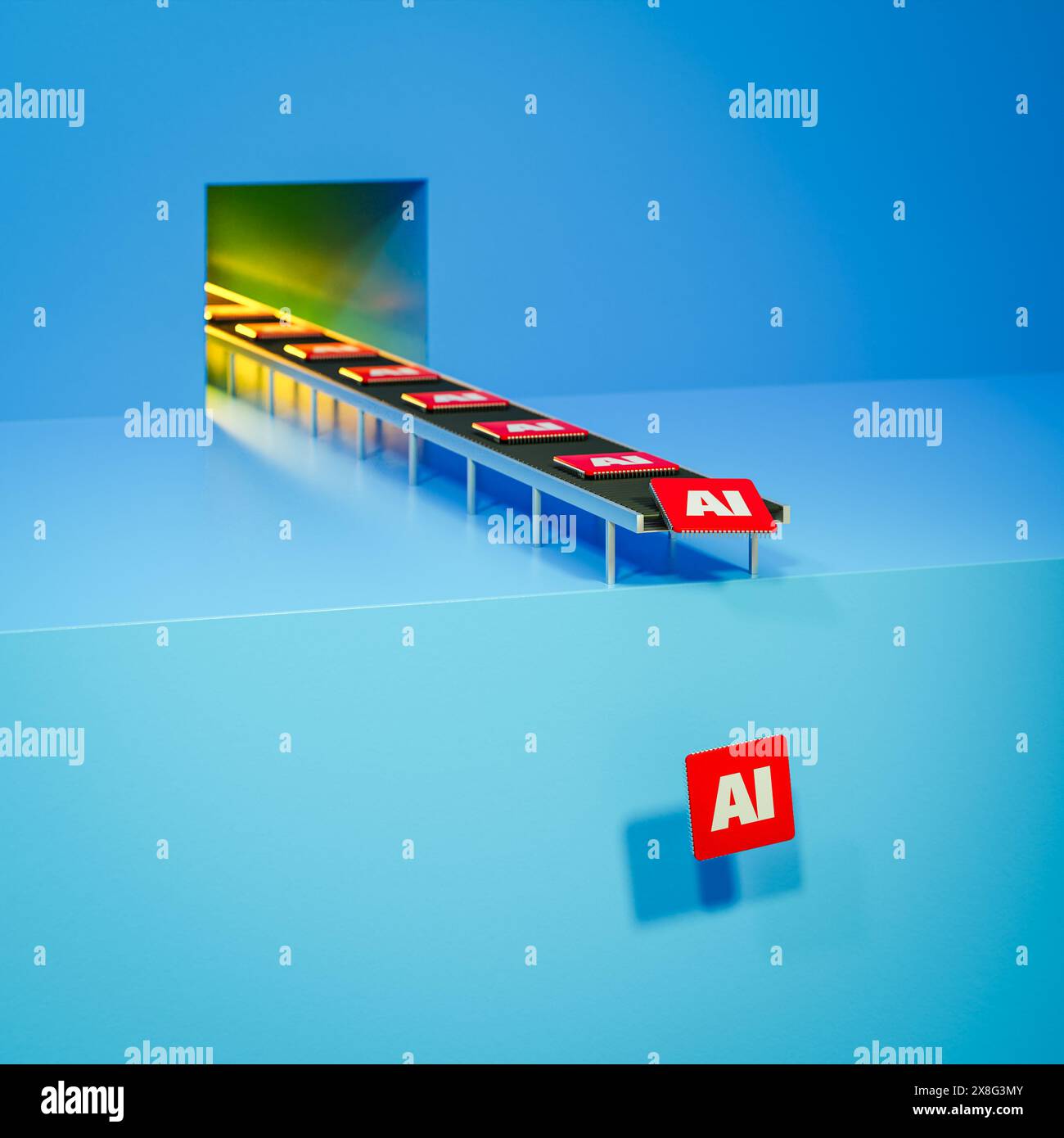 KI-Chip-Hype-Konzept, GPU. Rote Mikrochips mit aufgedruckter KI, die von einer Produktionslinie fallen. Selektiver Fokus. 3D-Rendering Stockfoto