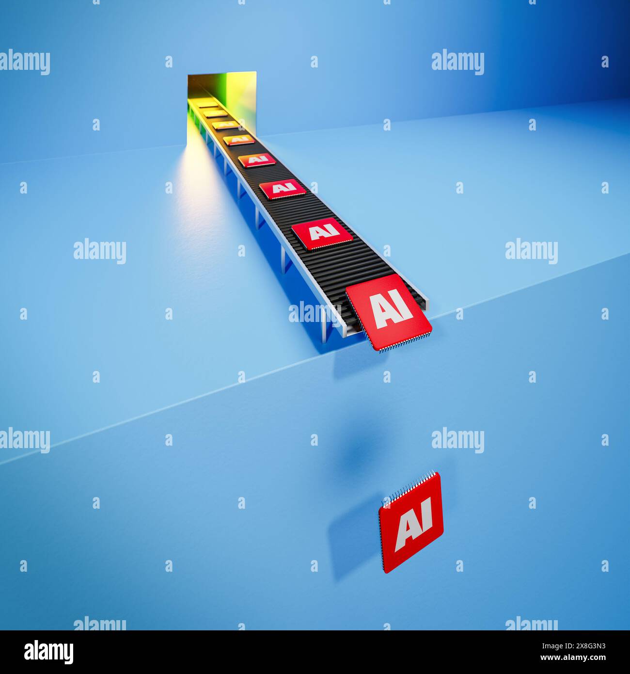 KI-Chip-Hype-Konzept, GPU. Rote Mikrochips mit aufgedruckter KI, die von einer Produktionslinie fallen. Selektiver Fokus. 3D-Rendering Stockfoto