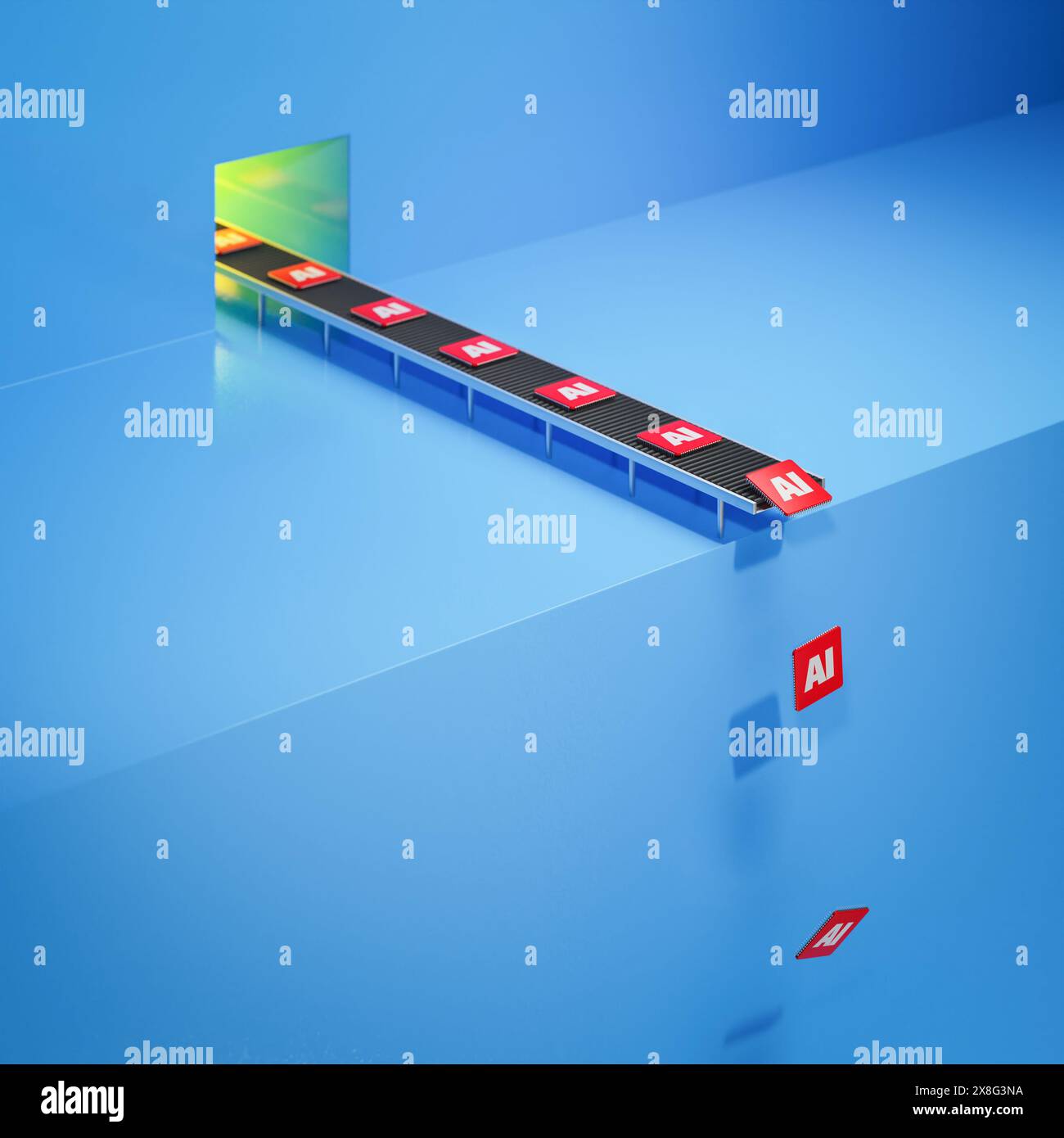 KI-Chip-Hype-Konzept, GPU. Rote Mikrochips mit aufgedruckter KI, die von einer Produktionslinie fallen. Selektiver Fokus. 3D-Rendering Stockfoto