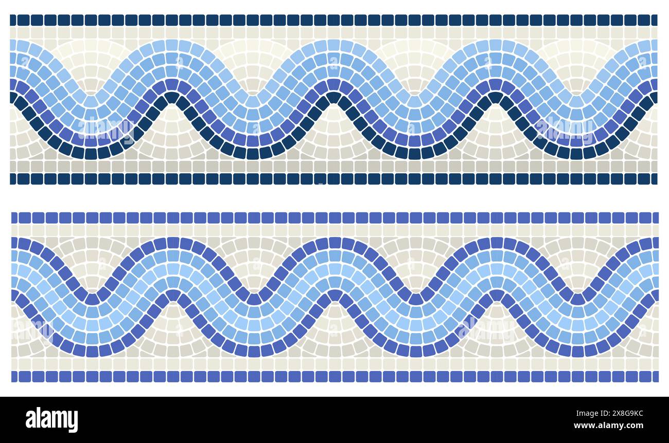 Mosaikwellenverzierung, nahtlose wellenförmige Grenzlinie mit portugiesischem Muster, Rahmentessellation, Vektor Stock Vektor