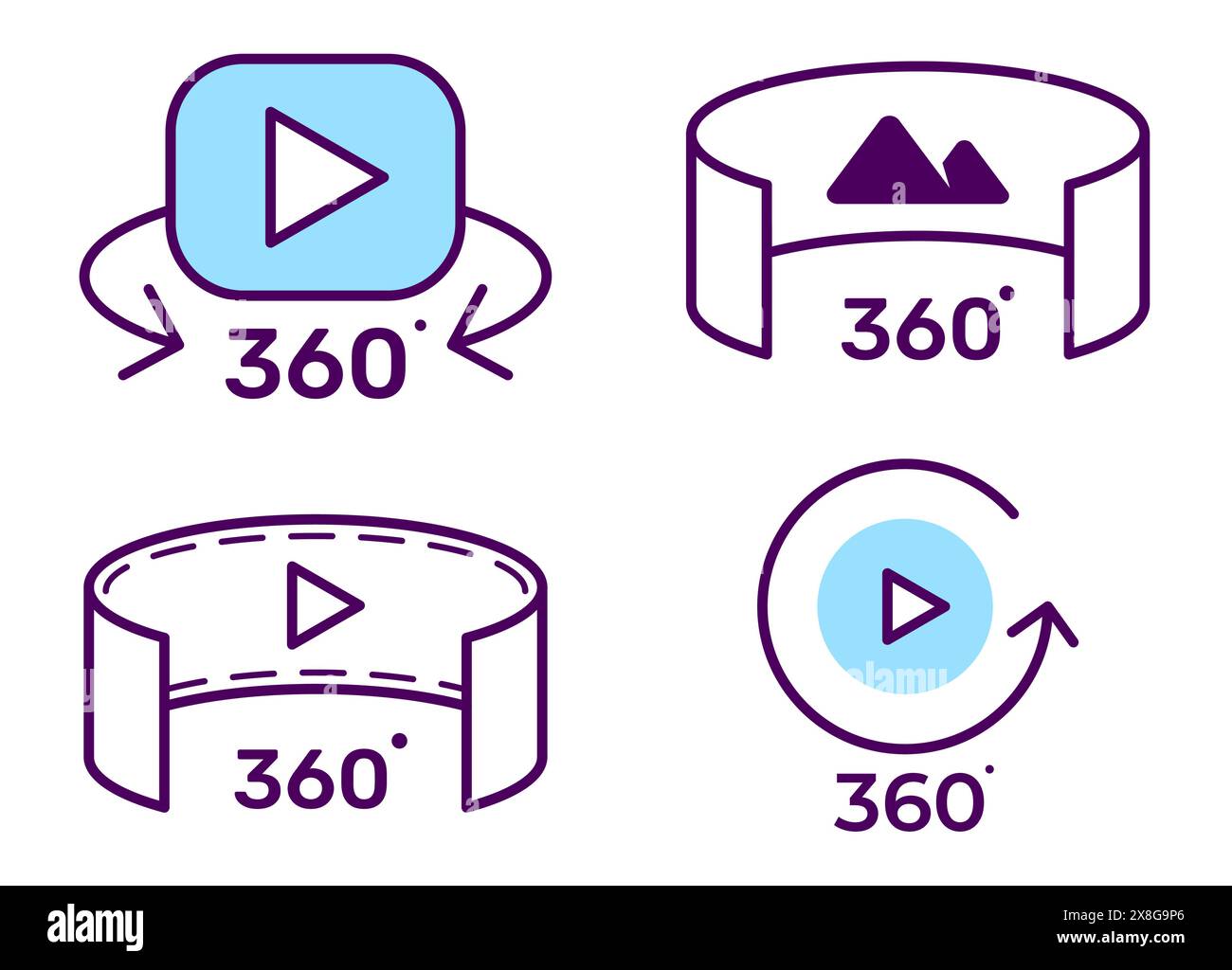 Virtuelles Kino und Panorama-Video-Symbol, VR- und 360-Grad-Surround-Video mit vollem Wendewinkel, Vektor Stock Vektor