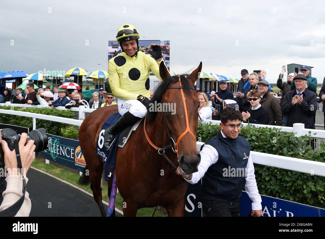 Rosallion mit Jockey Sean Levey, nachdem er die Tattersalls Irish 2.000 Guineas (Gruppe 1) beim Tattersalls Irish 2000 Guineas Day auf der Rennbahn Curragh im County Kildare gewonnen hatte. Bilddatum: Samstag, 25. Mai 2024. Stockfoto