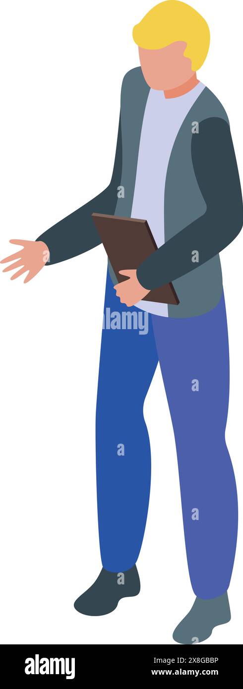 Isometrischer Geschäftsmann, der ein Tablet für professionelle Kommunikation und Vernetzung in einem modernen Büro verwendet, steht und Gesten mit farbenfroher digitaler Illustration Stock Vektor