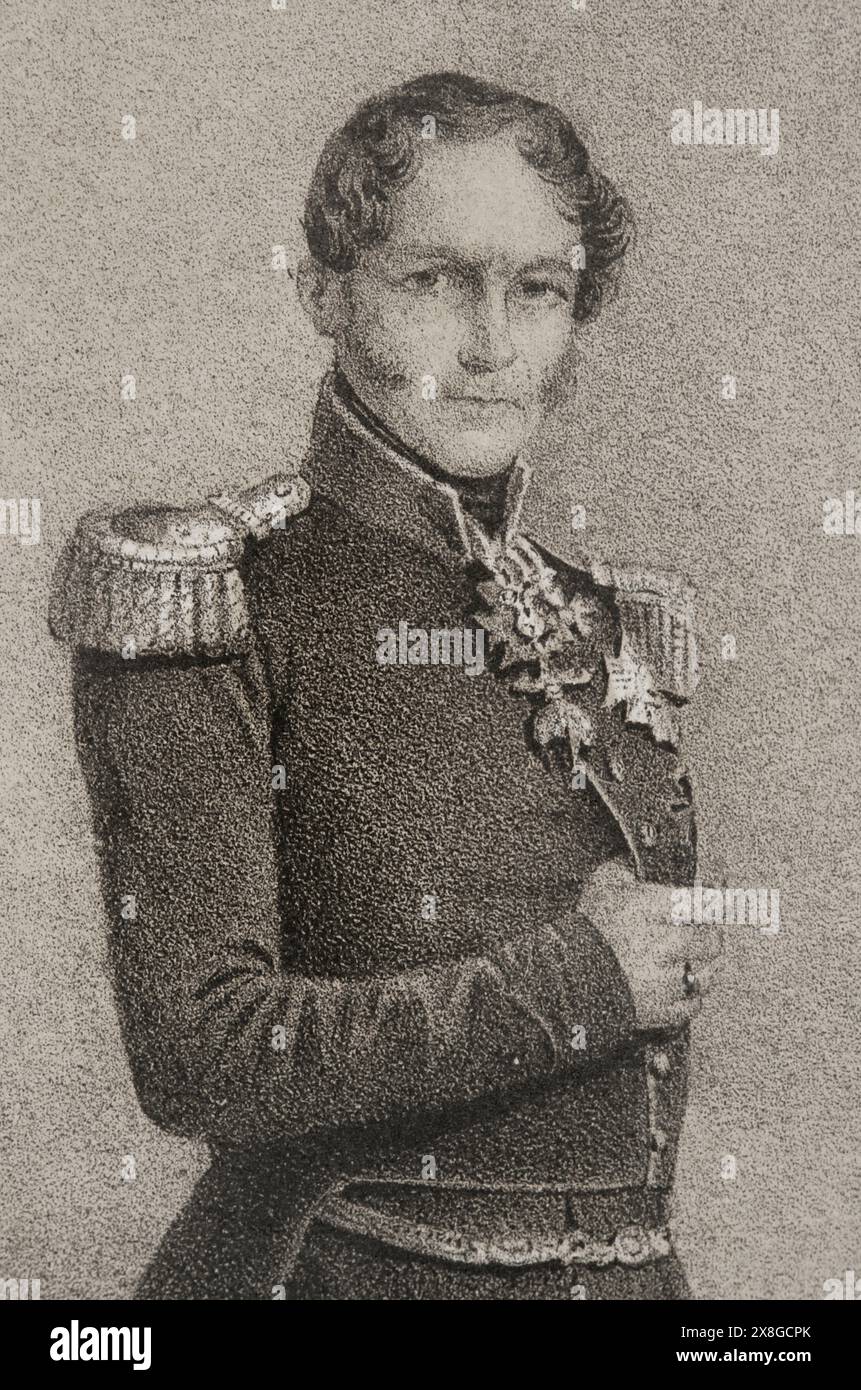 Leopold I. von Belgien (1790-1865). Erster König der Belgier (1831-1865). Hochformat. Zeichnung von C. Legrand. Lithographie von J. Donón. Details. Reyes Contemporáneos (Zeitgenössische Könige). Band III. Veröffentlicht in Madrid, 1854. Autor: Julio Donón. Spanischer Künstler, der von 1840 bis 1880 aktiv war. Luis Carlos Legrand (Fl. 1829-1858). Spanischer Zeichner und Lithograf. Stockfoto