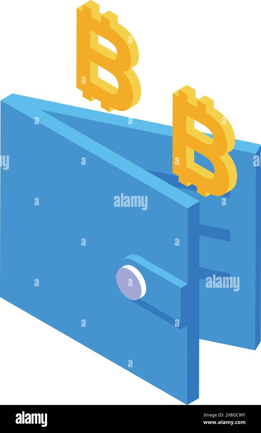 3D-Illustration der isometrischen Bitcoin-Brieftasche mit einem hellen, farbenfrohen und trendigen Grafikdesign für sichere Speicherung von Kryptowährungen und das Konzept der Online-Banking-Technologie Stock Vektor