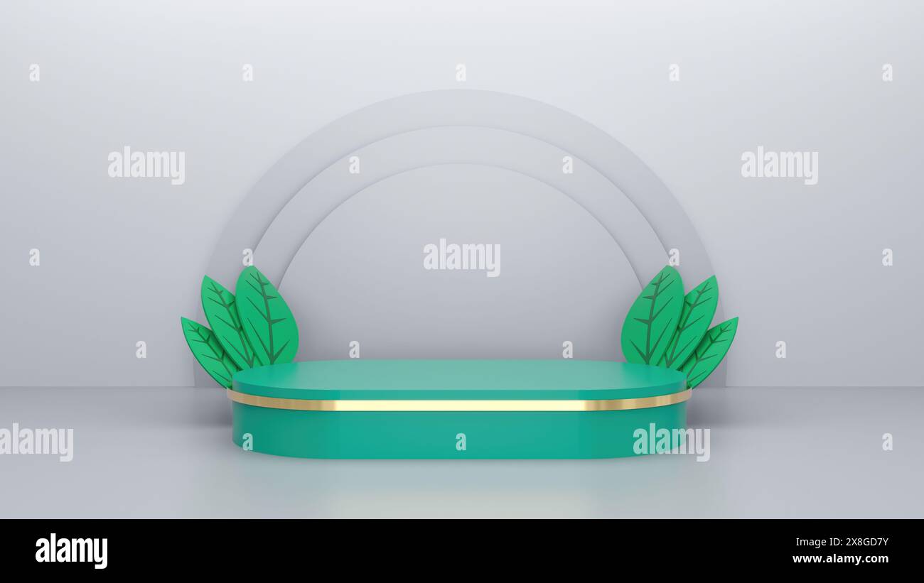 3D-Bühne mit grünen Blättern, 3D-Hintergrund, 3D-Bühne in kühlen Farben Stockfoto