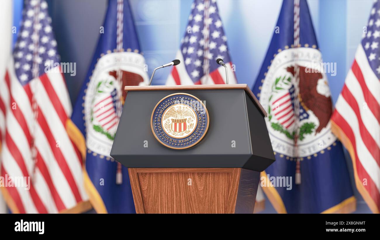 Federal Reserve System Fed of USA Chairman Pressekonferenz Konzept. Tribüne mit Symbol und Flagge von FRS und Vereinigte Staaten. 3D Abbildung Stockfoto
