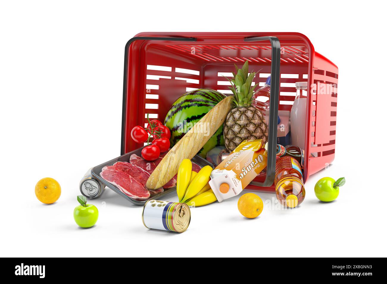 Umgedrehter Warenkorb voller Vielfalt an Lebensmittelprodukten, Speisen und Getränken isoliert auf weißem Hintergrund. 3D-Abbildung Stockfoto