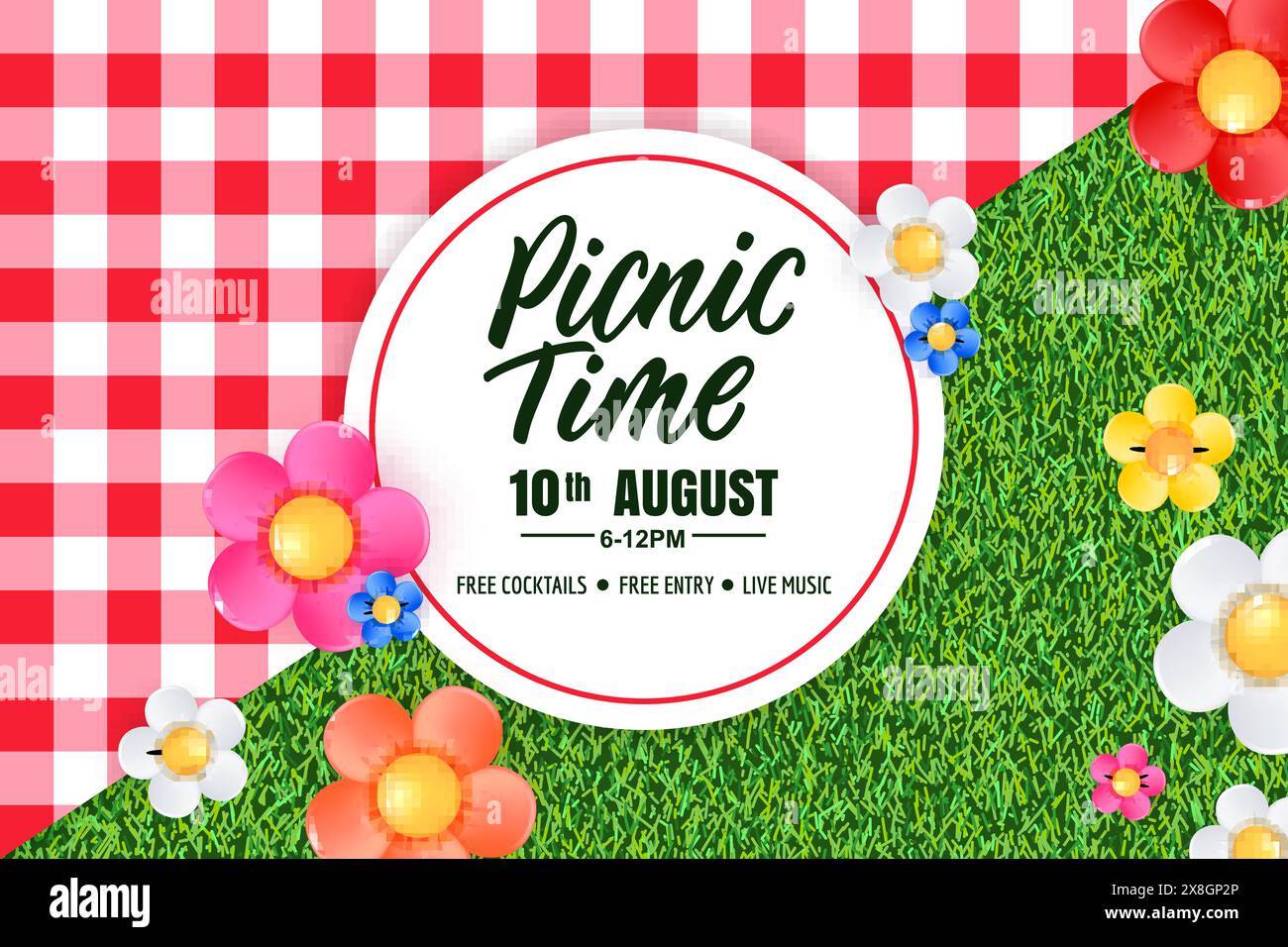 Picknick-Zeit-Banner, Poster, Flyer-Design mit Tischdecke, bunte Gänseblümchen-Blumen auf grünem Grashintergrund und Hand gezeichneter Kalligraphie-Schriftzug auf Zigarre Stock Vektor