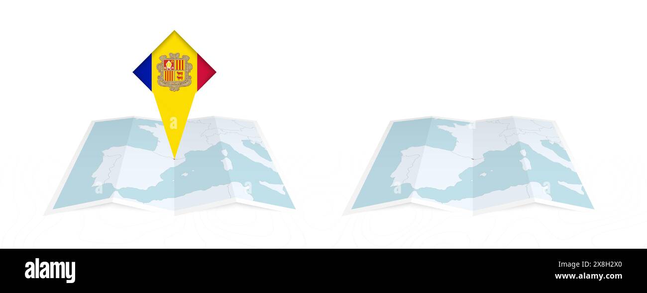 Zwei Versionen einer gefalteten Andorra-Karte, eine mit einer festgesteckten Landesflagge und eine mit einer Flagge in der Kartenkontur. Vorlage für Print- und Online-Design Stock Vektor