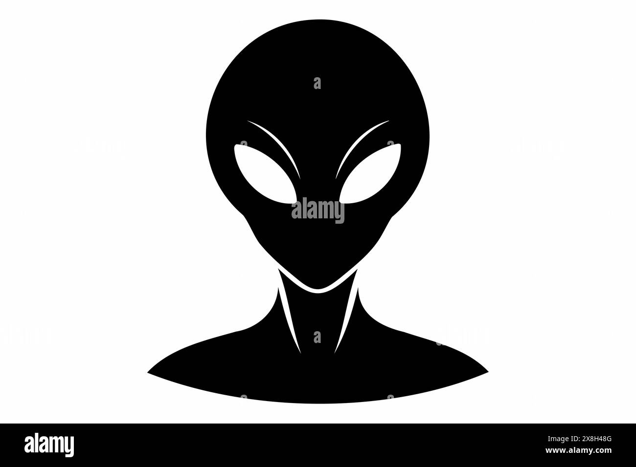 Schwarze Silhouette des fremden Kopfes isoliert auf weißem Hintergrund. Humanoid. Das Konzept des außerirdischen, Sci-fi-Designs, des Raumbildes. Grafik. Symbol, Druck, Piktogramm, Logo, Designelement Stock Vektor