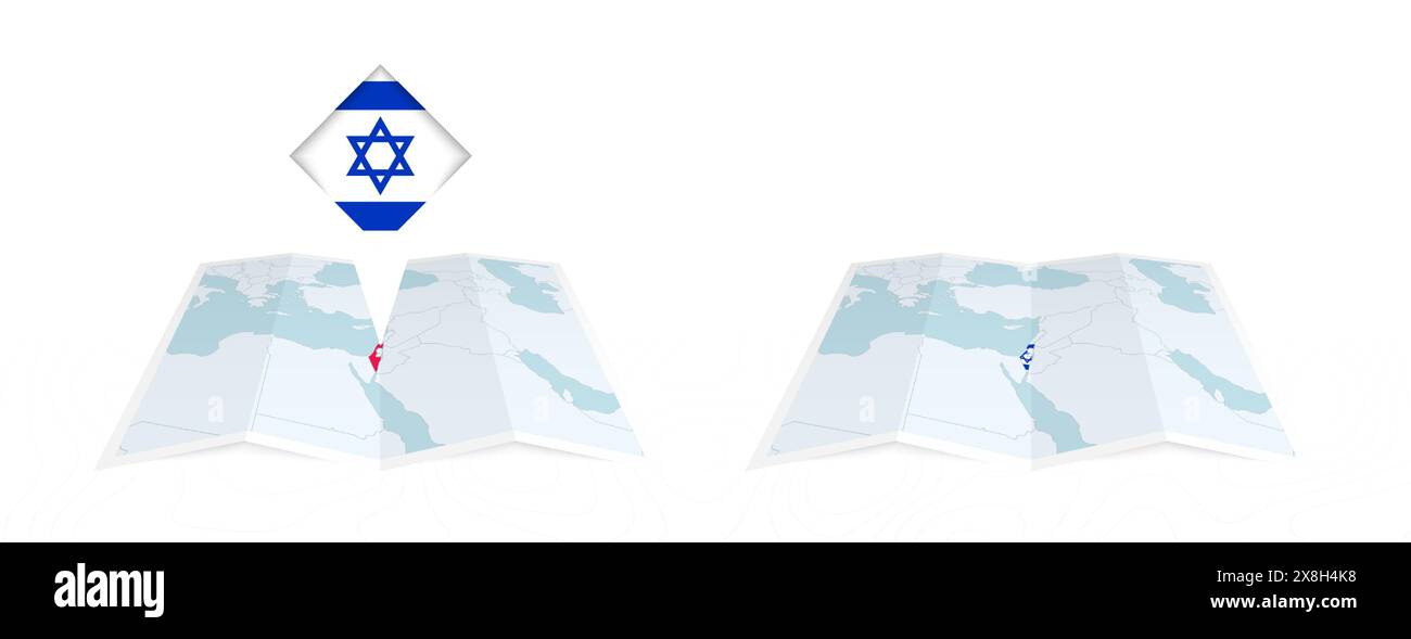 Zwei Versionen einer gefalteten israelischen Karte, eine mit einer festgesteckten Landesflagge und eine mit einer Flagge in der Kartenkontur. Vorlage für Print- und Online-Design Stock Vektor