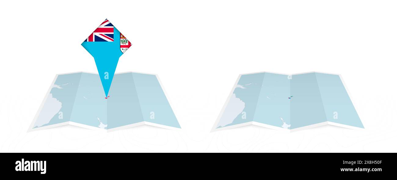 Zwei Versionen einer gefalteten Fidschi-Karte, eine mit einer festgesteckten Landesflagge und eine mit einer Flagge in der Kartenkontur. Vorlage für Print- und Online-Design. Stock Vektor