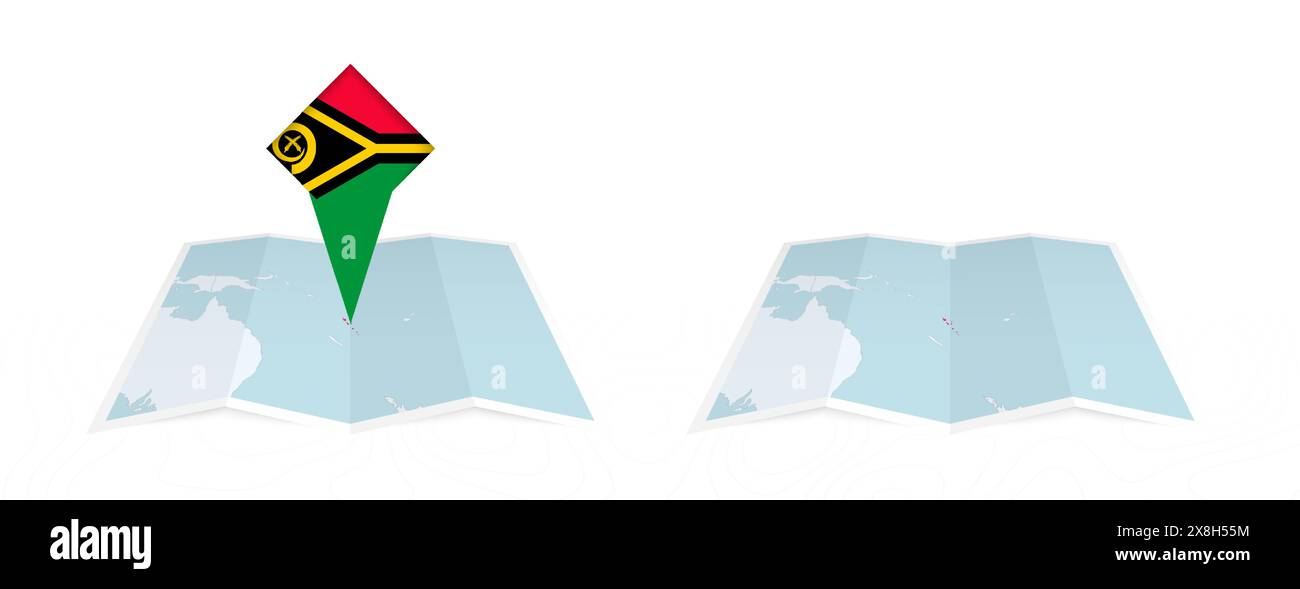 Zwei Versionen einer gefalteten Vanuatu-Karte, eine mit einer festgesteckten Landesflagge und eine mit einer Flagge in der Kartenkontur. Vorlage für Print- und Online-Design Stock Vektor