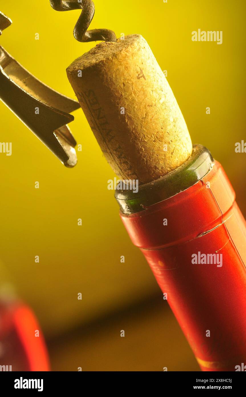 Nahaufnahme eines Korks, der aus einer Flasche Wein mit Flaschenöffner gewonnen wird Stockfoto