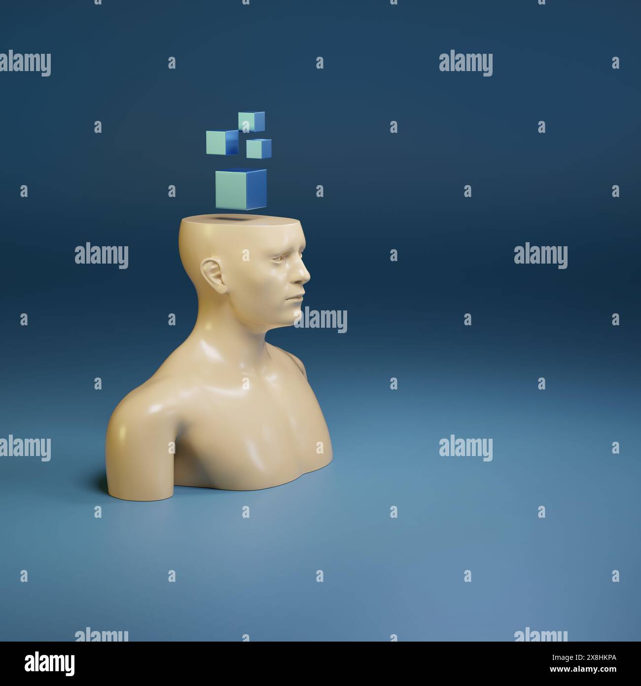 Menschliche Figur mit geometrischen Körpern auf dem Kopf isoliert auf blauem Hintergrund. Denkkonzept. 3D-Abbildung. Stockfoto