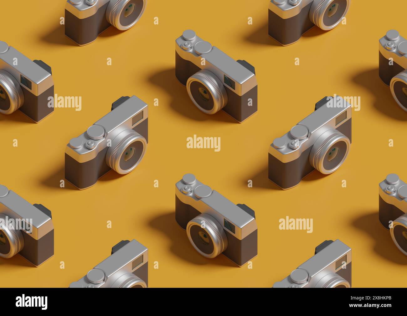 Isometrisches nahtloses Muster von Fotokameras. 3D-Abbildung. Stockfoto
