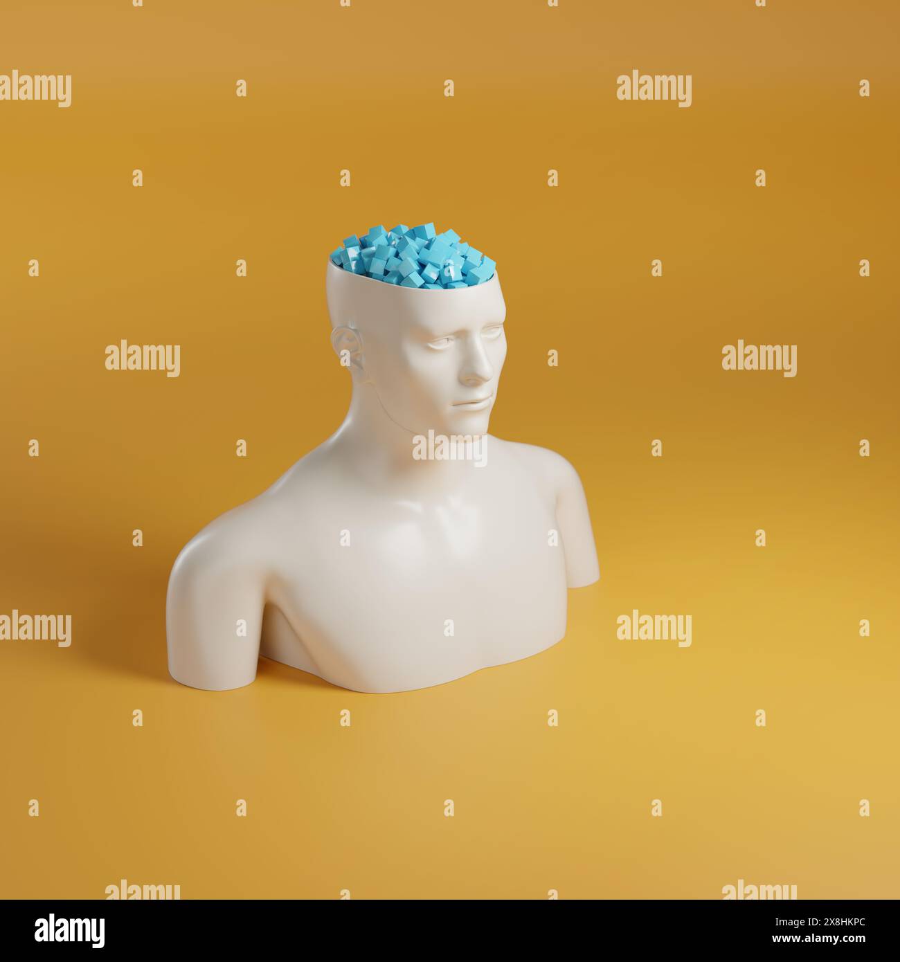 Büste eines Mannes mit offenem Kopf und voller Würfel auf gelbem Hintergrund. 3D-Abbildung. Stockfoto