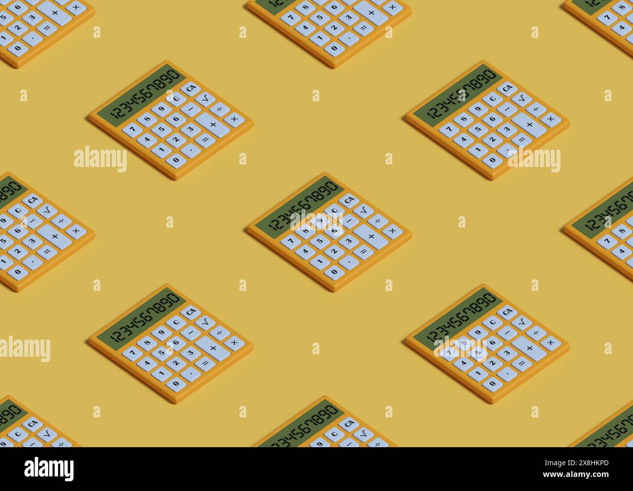 Isometrisches nahtloses Muster von Taschenrechnern auf gelbem Hintergrund. 3D-Abbildung. Stockfoto