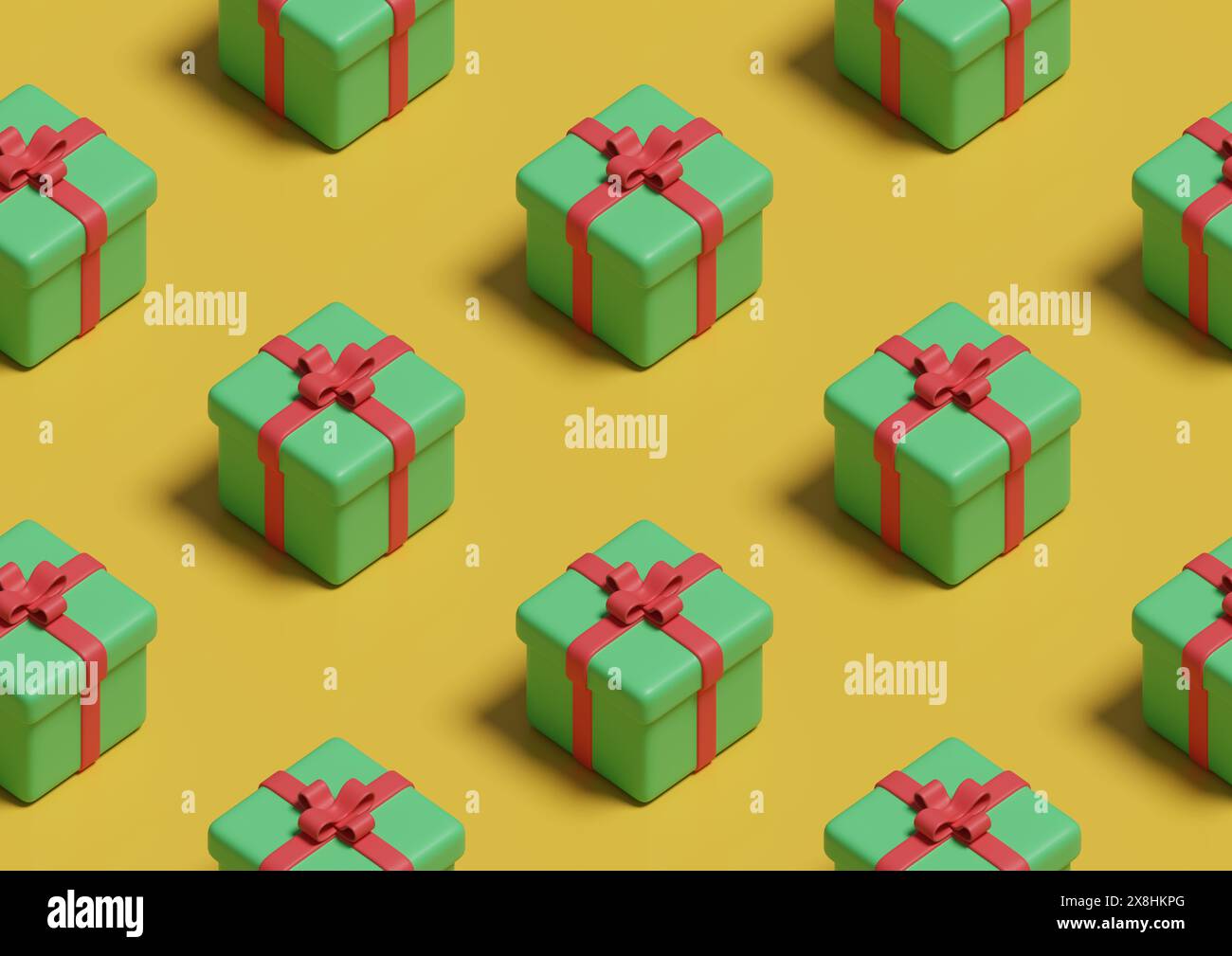 Isometrisches nahtloses Muster grüner Geschenkschachteln. 3D-Abbildung. Stockfoto