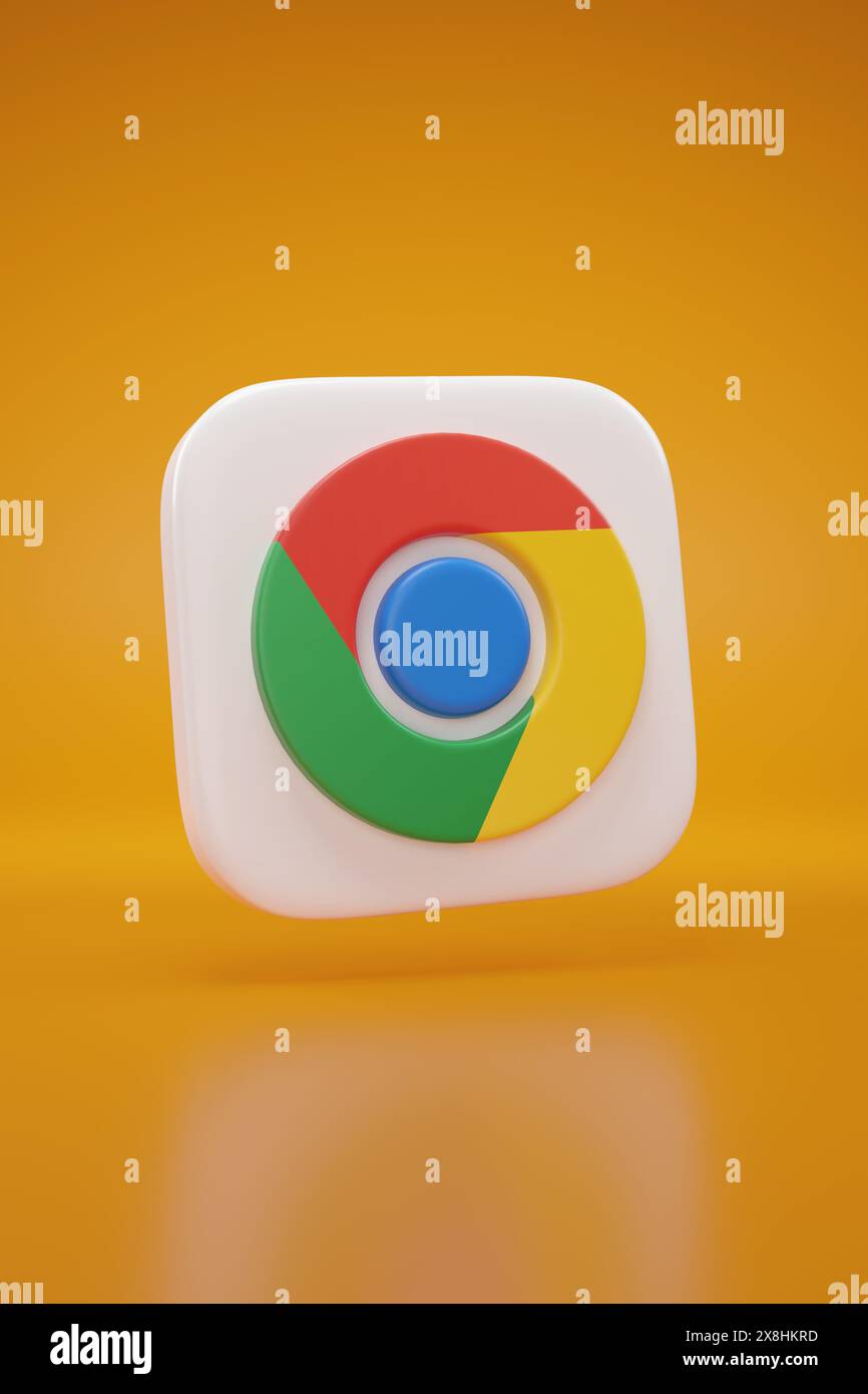 Buenos Aires, Argentinien; 5. Mai 2024: Dreidimensionales Google Chrome-Logo auf orangefarbenem Hintergrund. 3D-Abbildung. Stockfoto