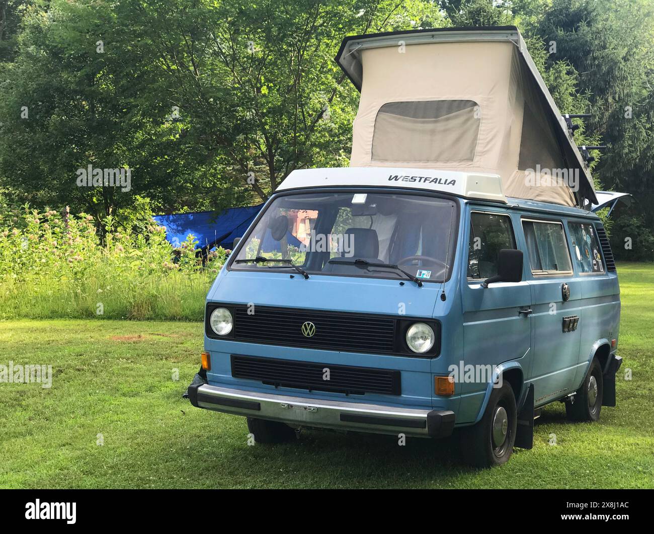 Ein 1983 Volkswagon VANAGON Wohnmobil mit der Spitze sitzt auf einem Campingplatz im Worthington State Forest in New Jersey. Stockfoto