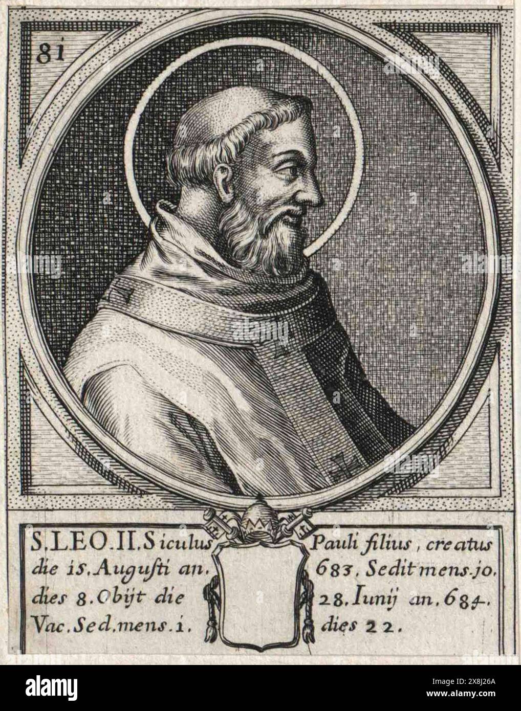 Ein Kupferstich von Papst Leo II. Aus dem Jahr 1580, der von 682 bis 683 Pontiff war. Er war der 80. Papst. Stockfoto