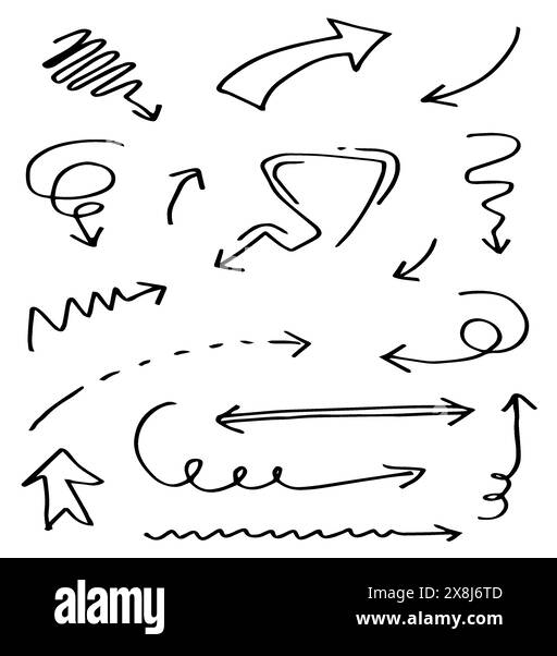 Doodle Design-Elemente. Handgezeichnete Pfeile isoliert auf weißem Hintergrund. Vektorabbildung. Stock Vektor