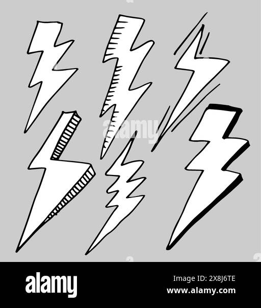 Satz von handgezeichneten Vektorkritzeleien elektrische Blitzsymbol-Skizzen-Illustrationen. donner Symbol Kritzelsymbol. Stock Vektor
