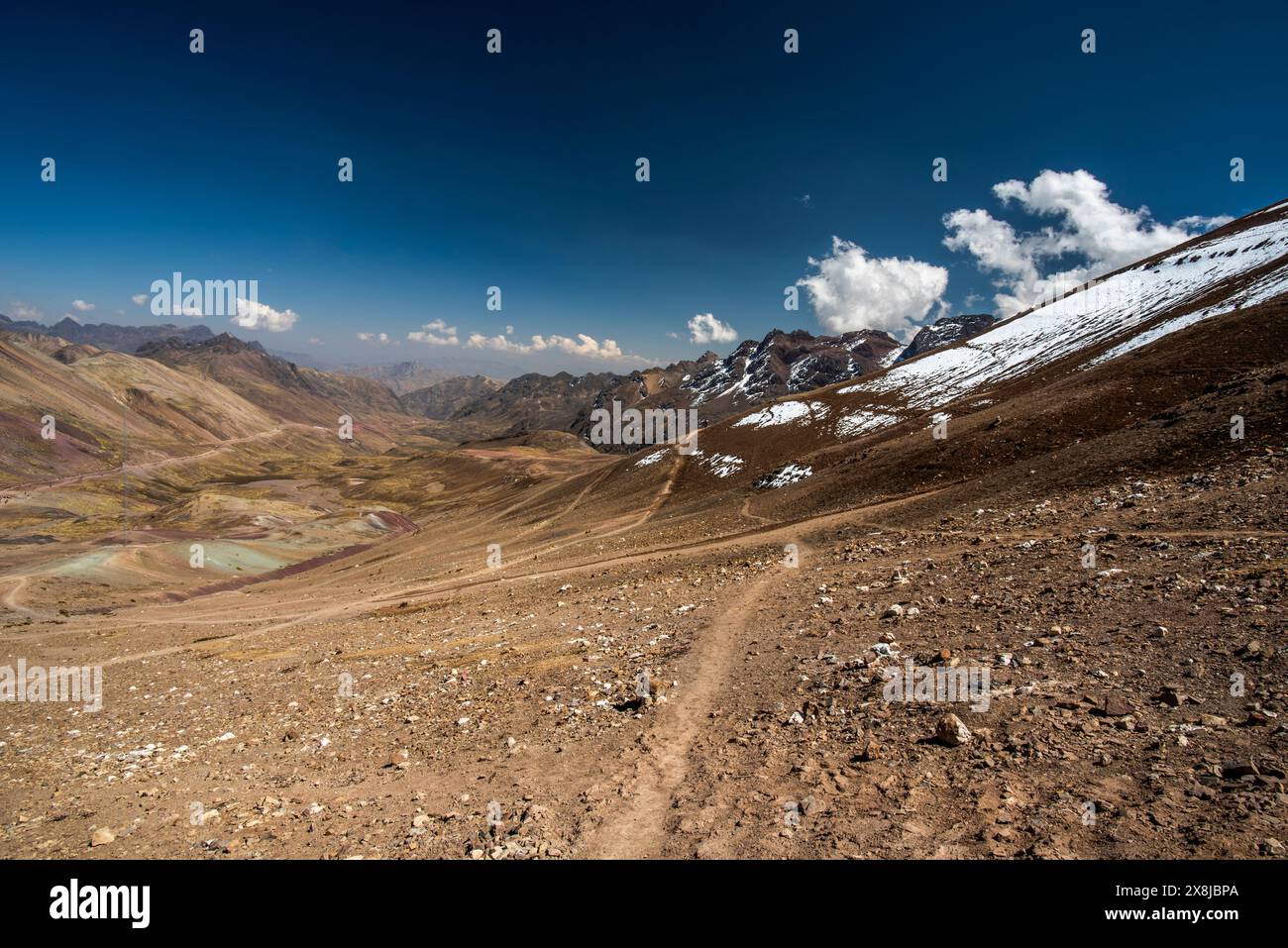 Panorama von Gipfeln und Tälern mit Plateaus blauem Himmel und weißen Wolken im Hintergrund Gletscher in den Anden von Peru nahe Ausangate in der Nähe von Ausangate Stockfoto