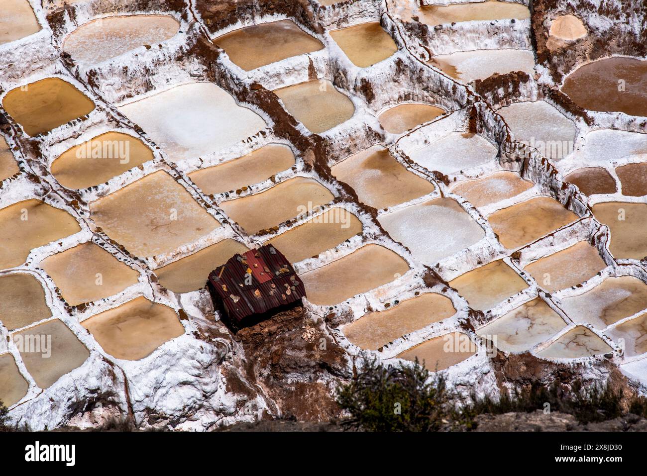 Detail der Bergsalzpfannen mit dem weiß des Salzes und dem Braun des Wassers, das sich in Peru mit Verdunstung in Salz verwandelt Stockfoto