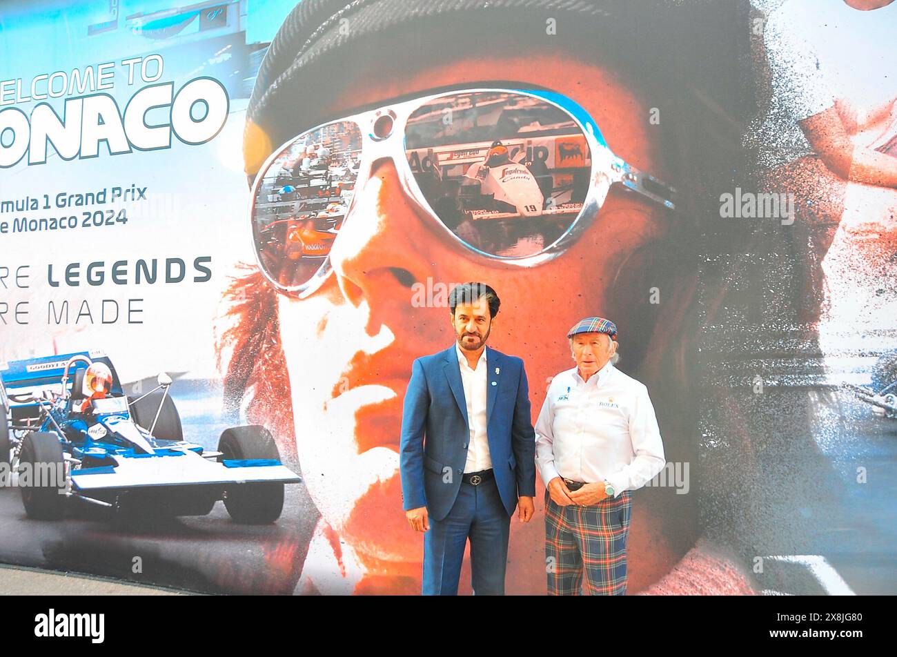 Monte Carlo, Monaco. Mai 2024. 26.05.2024, Circuit de Monaco, Monte Carlo, Formel-1-Grand-Prix Monaco 2024, im Bild FIA-Präsident Mohammed bin Sulayem mit Formel-1-Legende Sir John Young 'Jackie' Stewart Credit: dpa/Alamy Live News Stockfoto