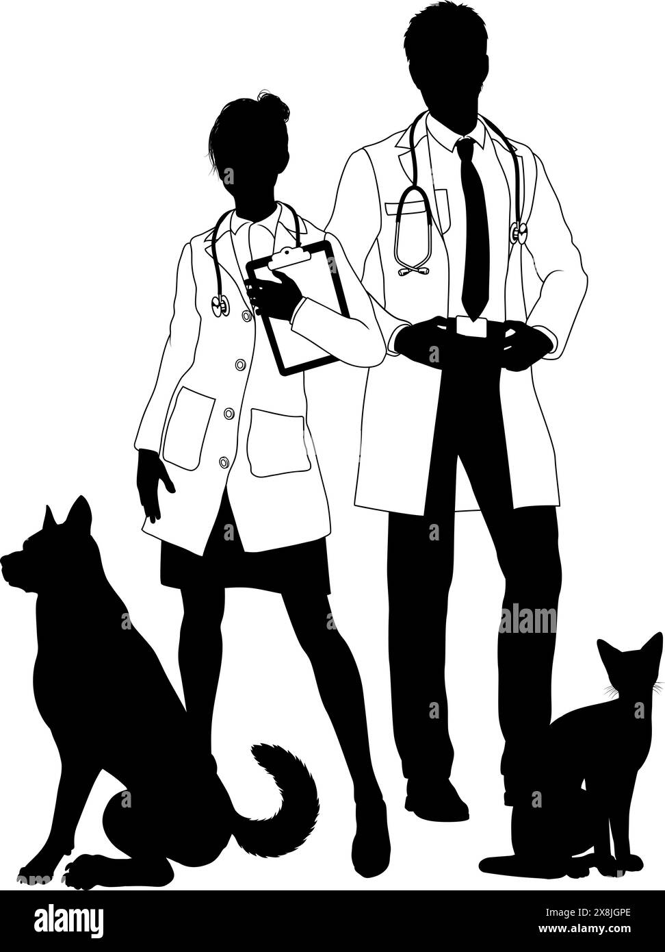Mann und Frau Vets Hund und Katze Haustiere Silhouette Stock Vektor
