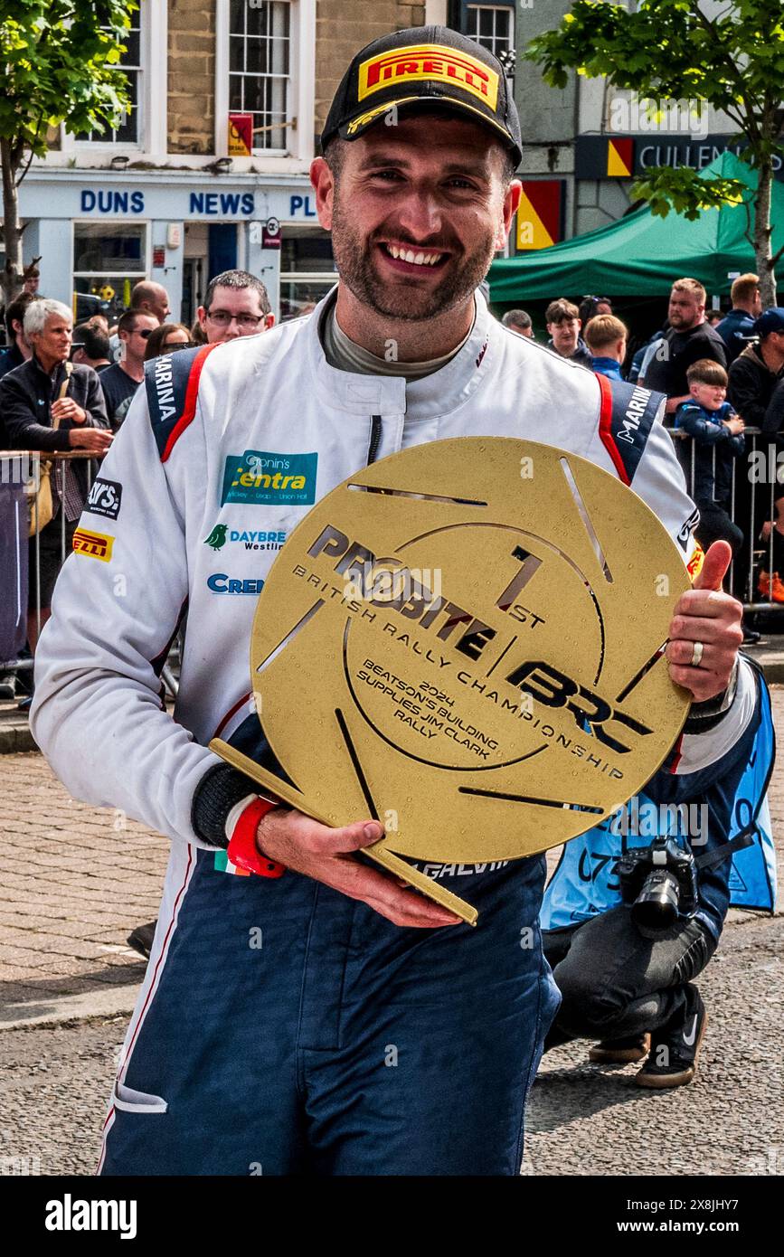 25. Mai 2024: Tag zwei der Beatson's Building Supplies JIM CLARK RALLYE in Duns, Schottland Mike Galvin aus Killarney, Beifahrer/Navigator Stockfoto