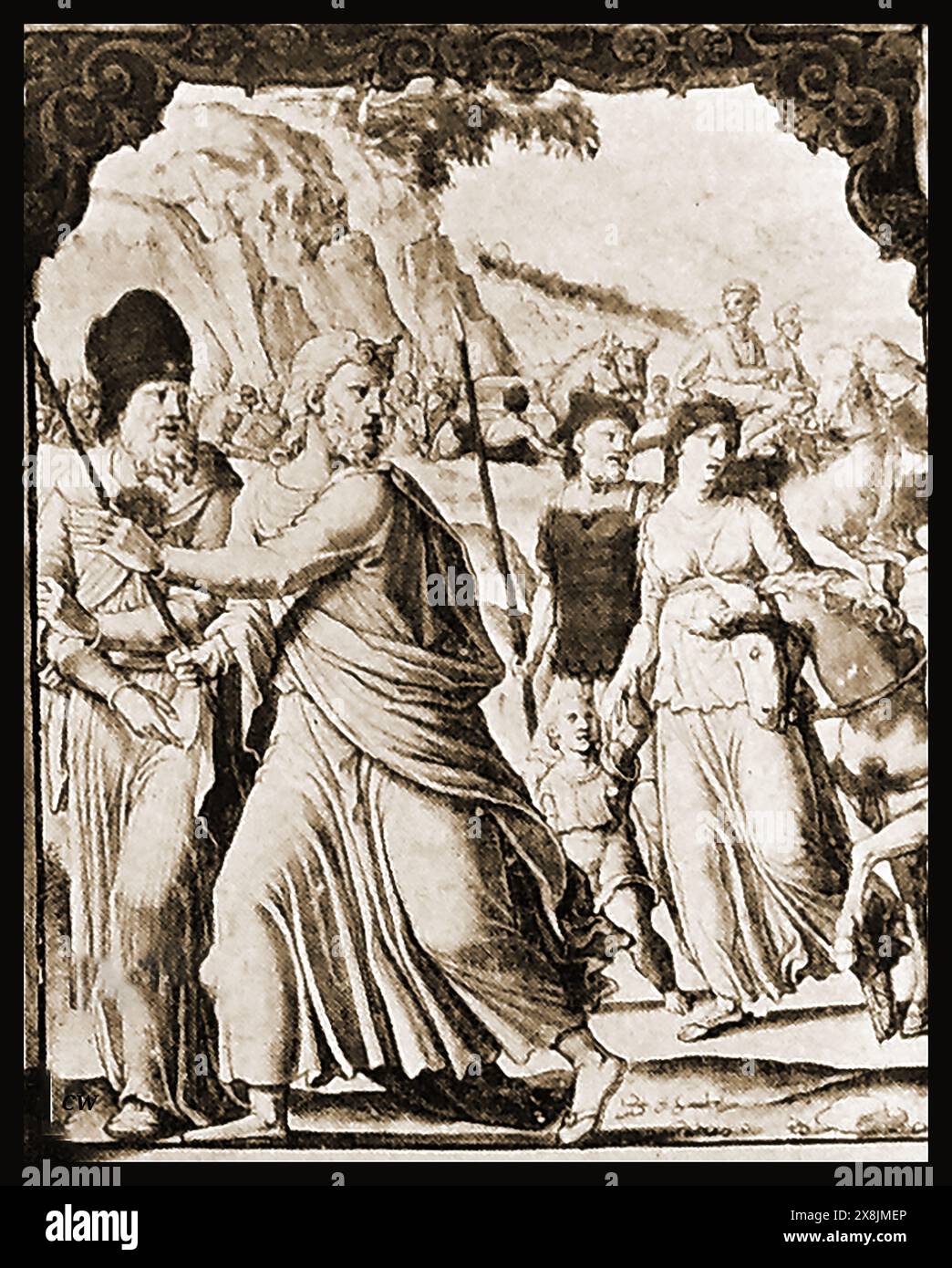 Eine antike biblische Szene, die Moses, einen Aaron, zeigt, der den Exodus aus Ägypten anführt Stockfoto