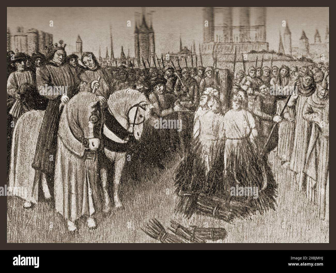 Ein historischer Druck von Frauen (wahrscheinlich Ketzern), die auf dem Scheiterhaufen in Paris verbrannt werden - Gravure historique de femmes brûlées sur le bûcher à Paris, en France. Stockfoto