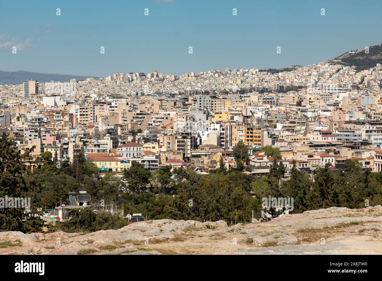 Blick auf Athen vom Pynx Hill, Athen, Griechenland, Europa. Stockfoto