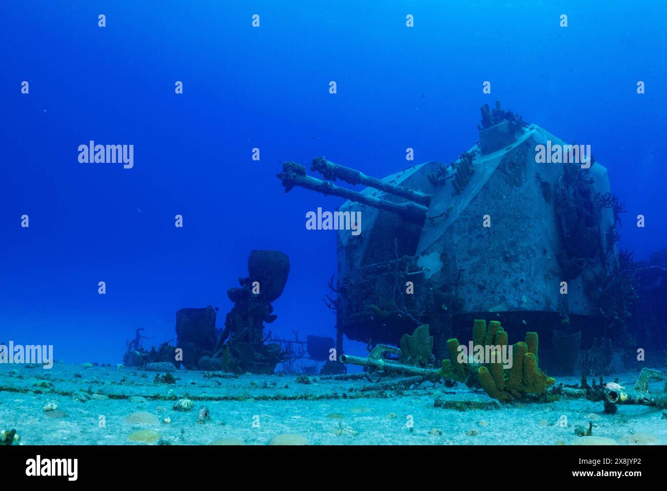 Stern-Geschütze aus dem versunkenen Wrack der russischen Fregatte Captain Keith Tibbetts in Cayman Brac. Was einst eine Waffe war, ist jetzt die Heimat von Rifffischen Stockfoto