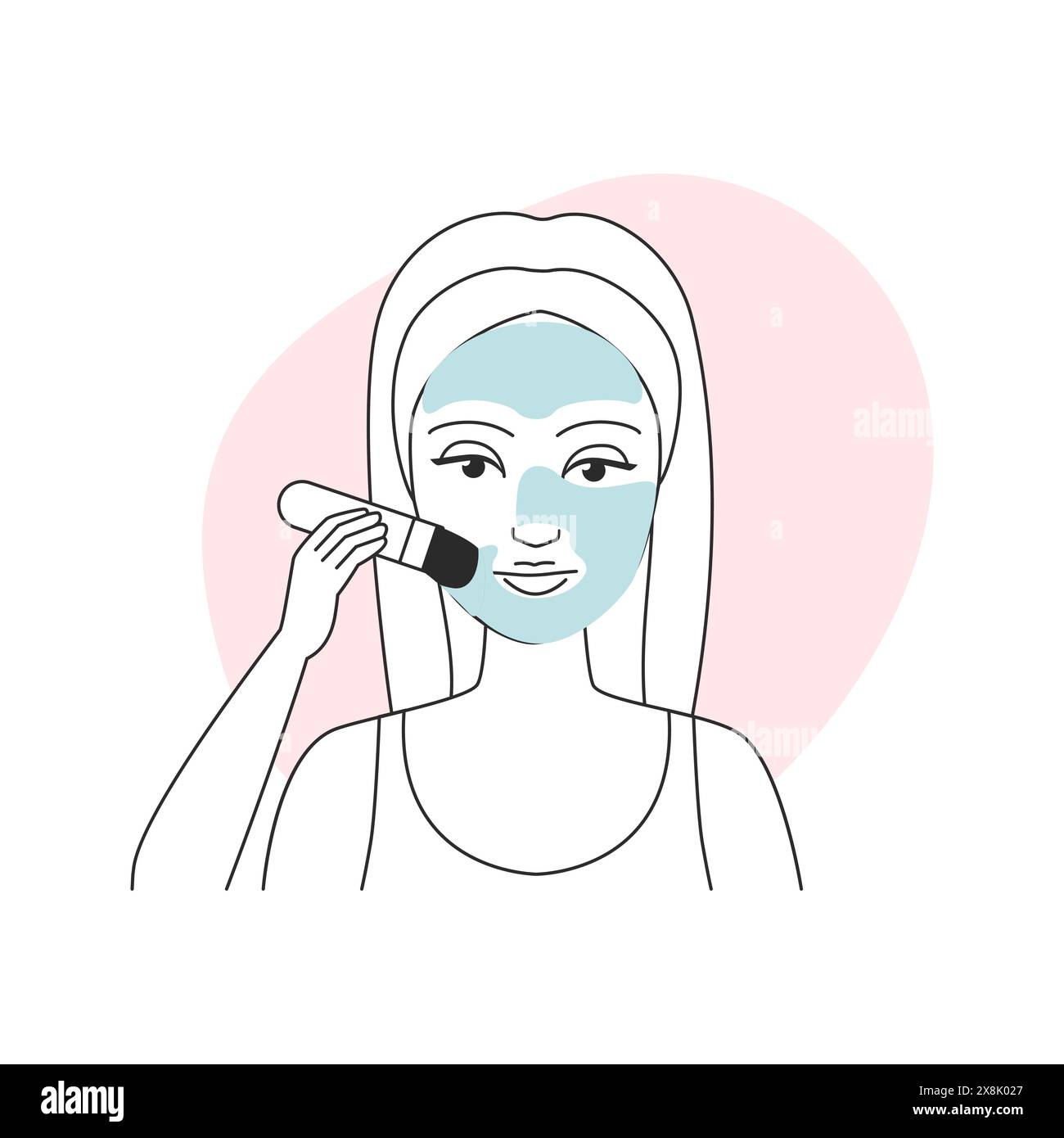 Mädchen, das Reinigungstonmaske mit Pinsel anwendet, um Hautlinie Icon Vektor-Illustration zu Gesicht Stock Vektor