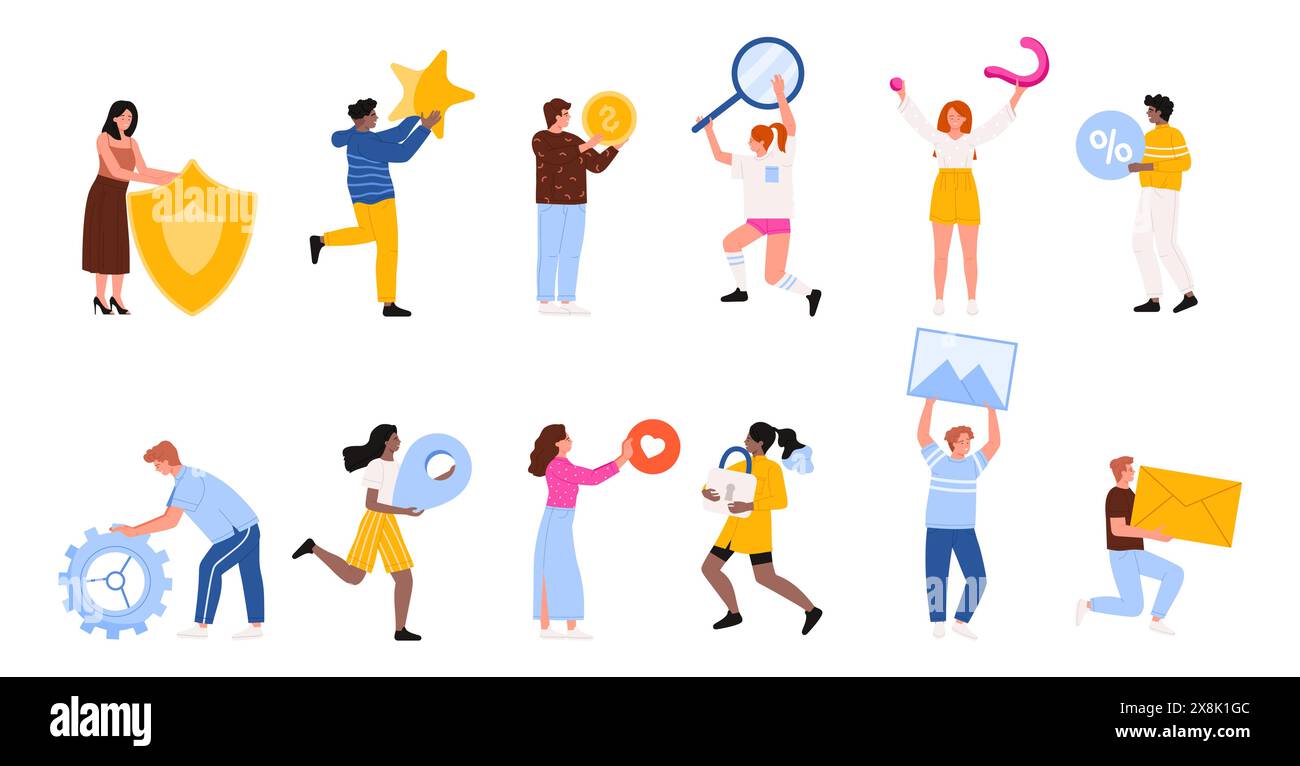 Menschen, die gehen und stehen, mit Symbolen für Internetdienste, Feedback von Kunden. Charaktere mit Sicherheitsschild und Geld, Lupe und E-Mail-Nachricht, wie Zeichentrickvektor-Illustration Stock Vektor