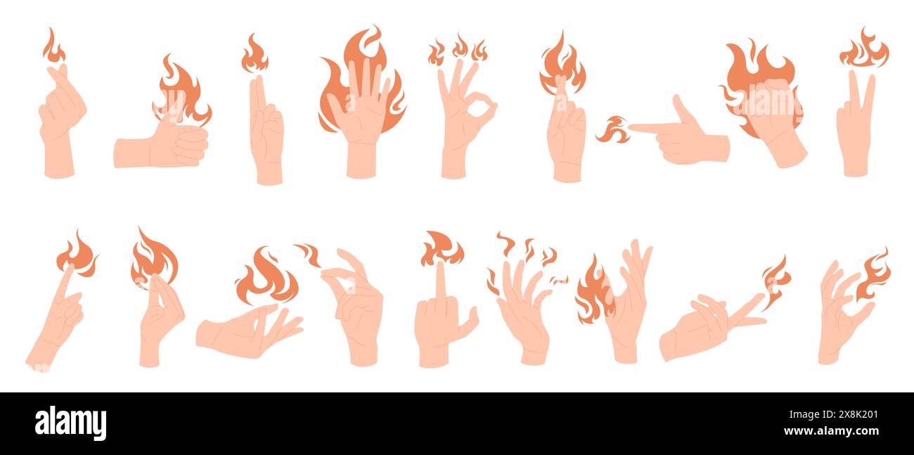 Menschliche Hand mit verschiedenen Gesten und heißem Feuer auf die Finger gesetzt. Brennender Frieden und Sieg Gesten, okay und Daumen hoch Zeichen der Person, Völker Palmen halten glühende Flamme Cartoon Vektor Illustration Stock Vektor