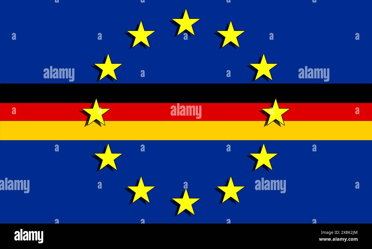 Europawahlen in Deutschland, grafische Abbildung mit Text in deutscher Flagge und EU-Symbolen. Eurozone, politische Wahlen, Cand Stockfoto