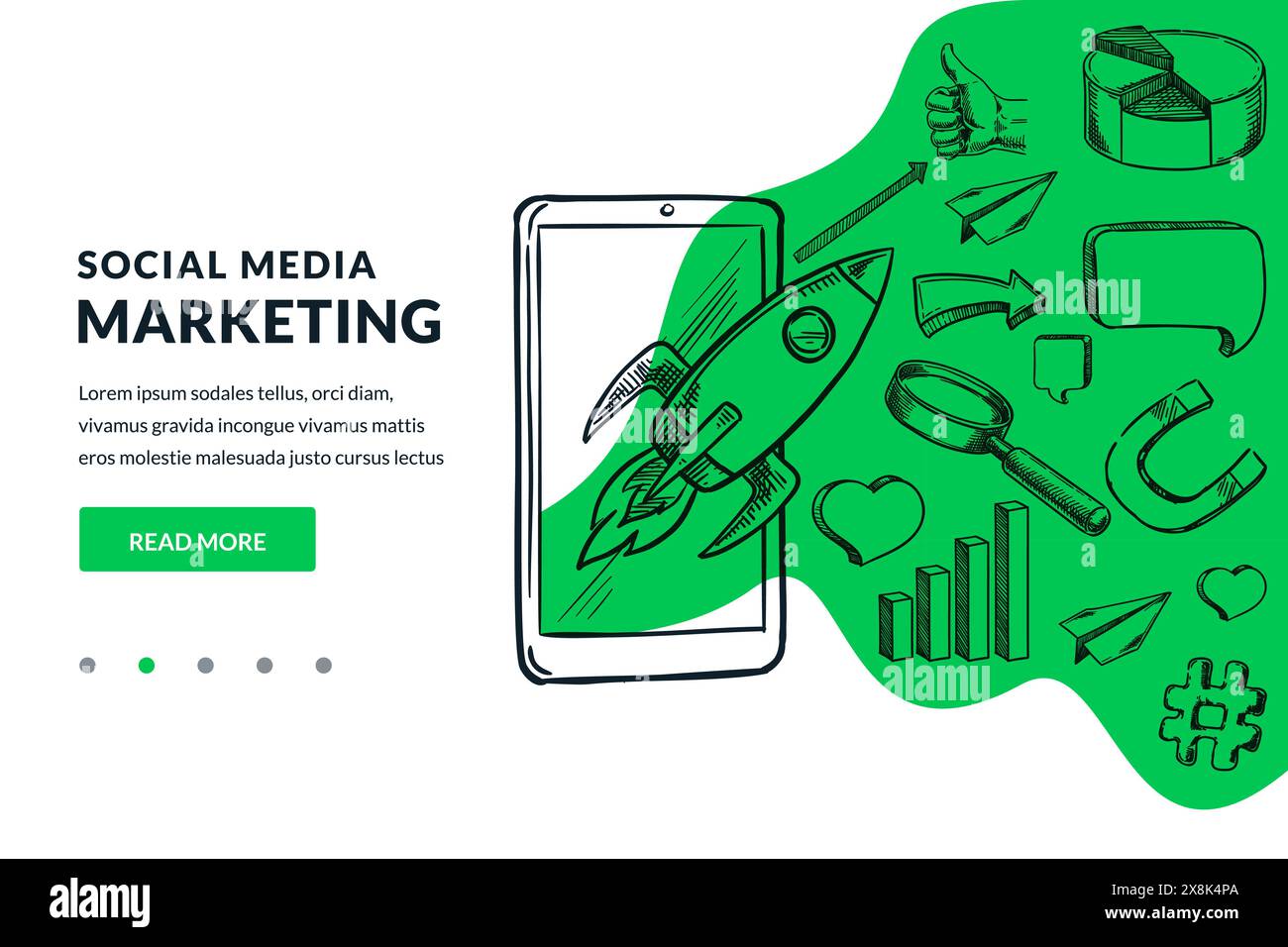 Raketenflug auf Smartphone-Bildschirm und Social-Media-Marketing-Symbole auf grünem Hintergrund. Werbung, Unternehmenstechnologie und Innovationsstrategie Stock Vektor