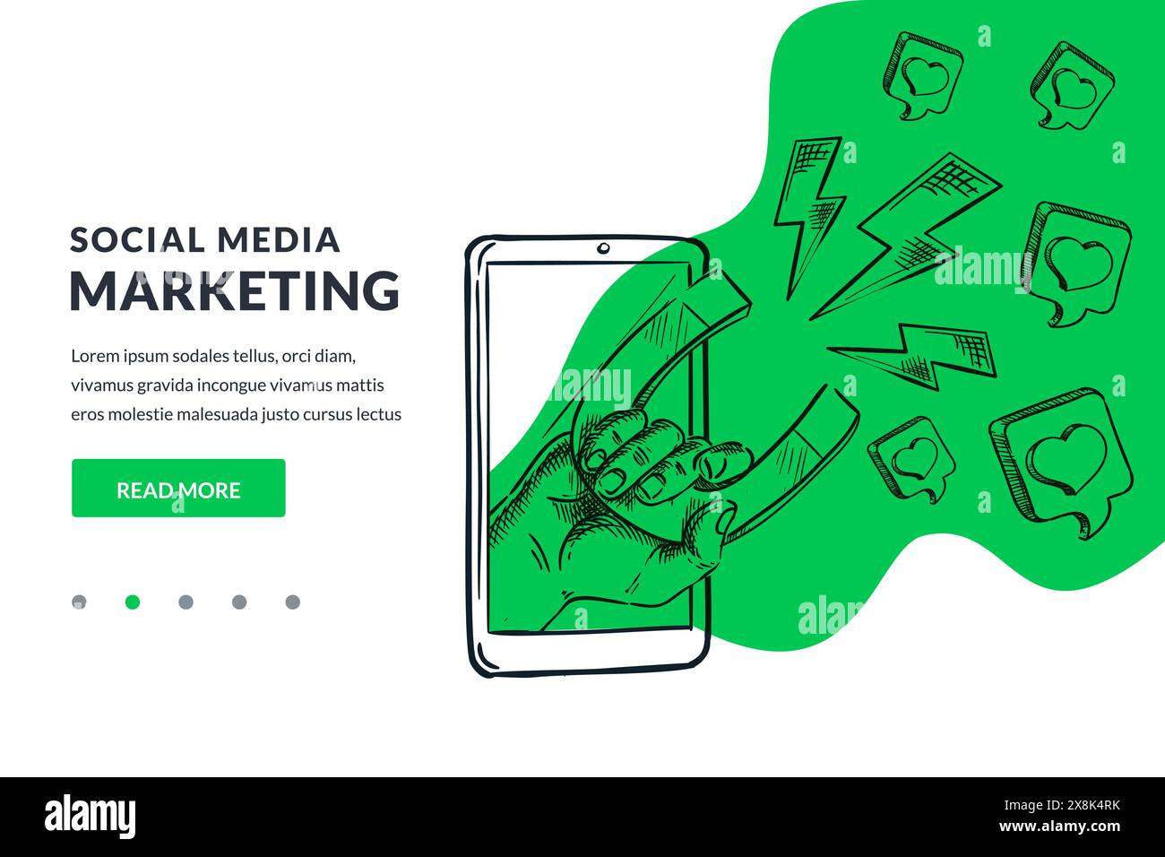 Menschliche Hand mit Magnet auf dem Smartphone-Bildschirm und Social-Media-Marketing-Symbole auf grünem Hintergrund mit abstrakter Form. Werbung, die Follower anlockt Stock Vektor