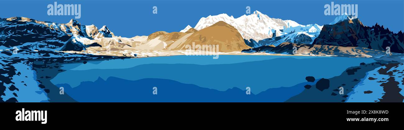 Mount Cho Oyu spiegelte sich auf der Seeoberfläche, Cho Oyu Basislager, Morgenansicht, Vektorillustration, Gokyo-Tal, Khumbu-Tal, Everest, Sagarmath Stock Vektor