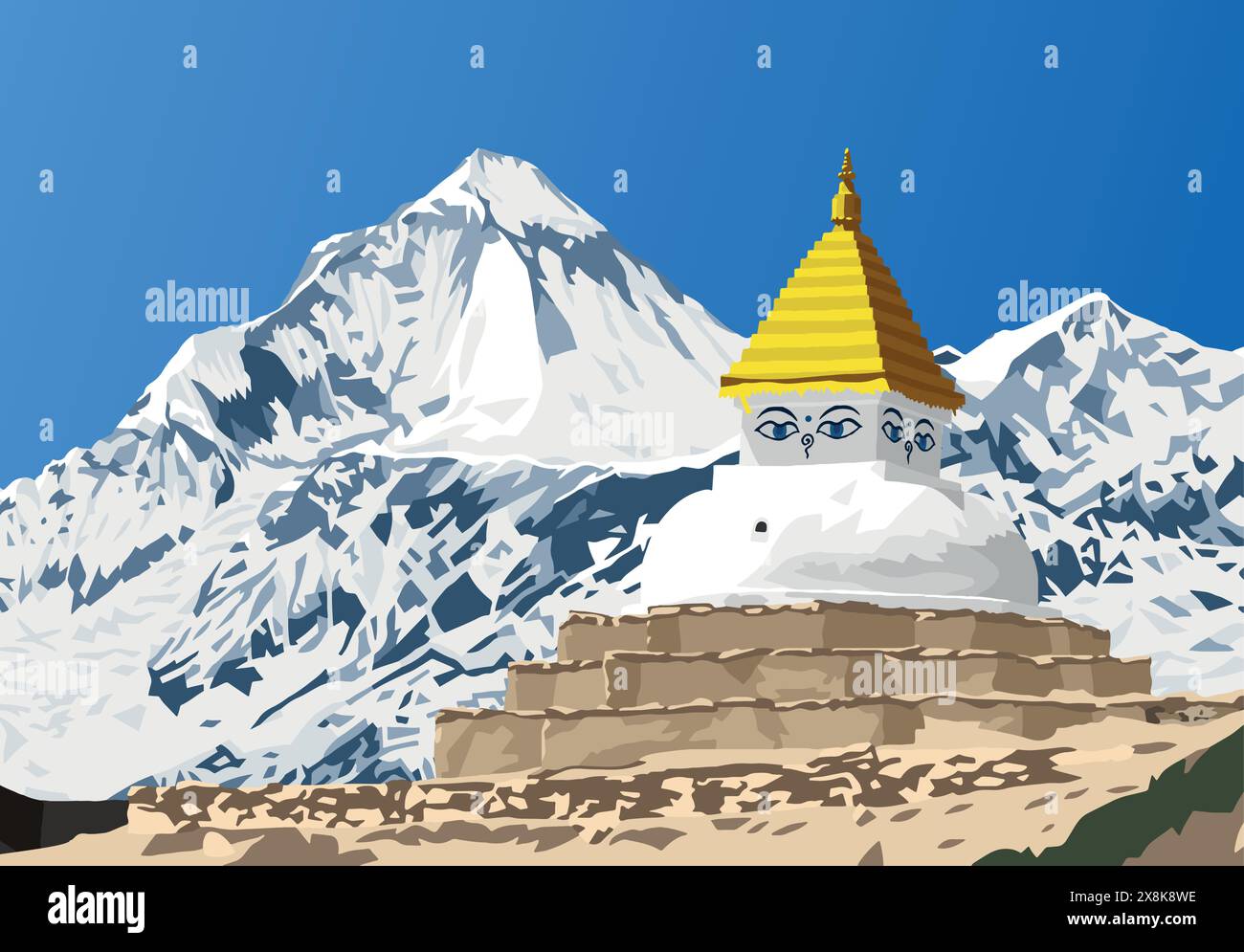 Berg Dhaulagiri und buddhistische Stupa oder Chorten, Buddhismus in Nepal himalaya Berge Stock Vektor